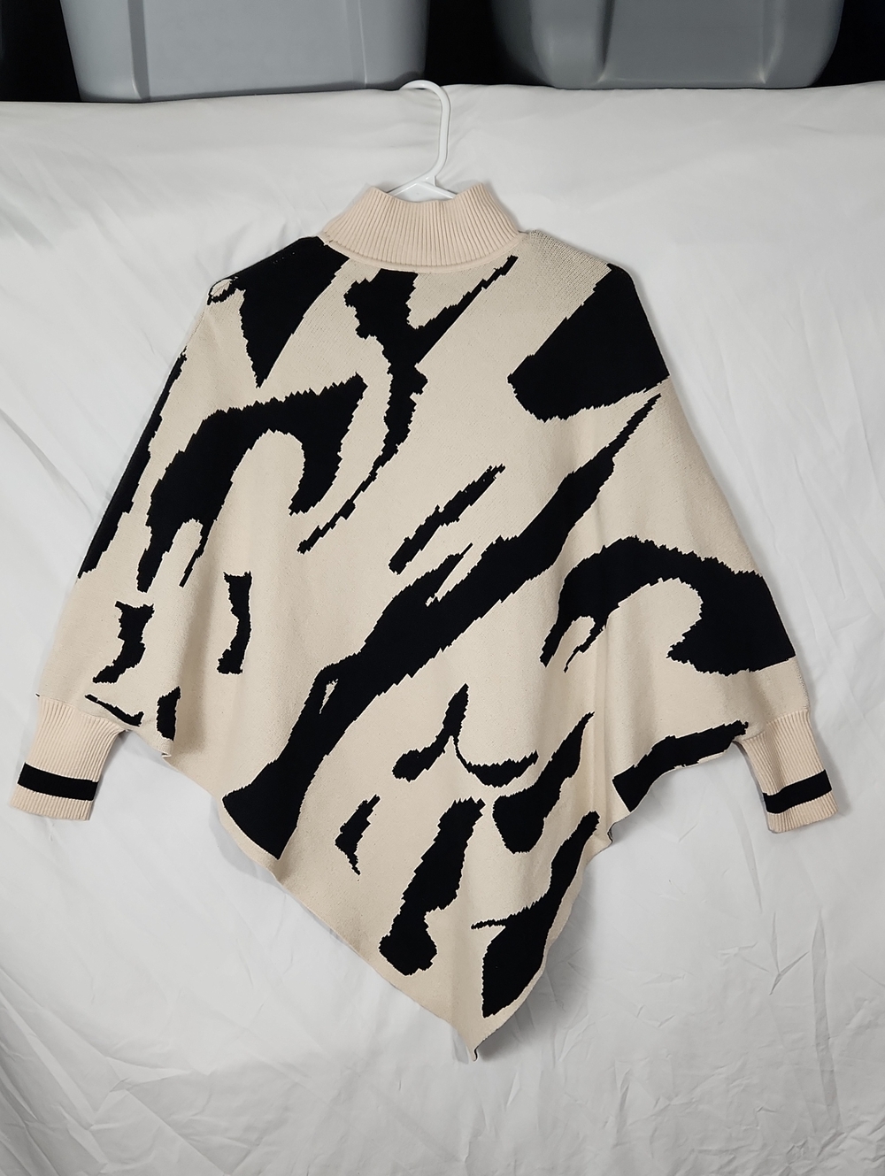 Cream & Black Animal-Print Poncho Sweater with Mock Neck - Picture 6 of 8
